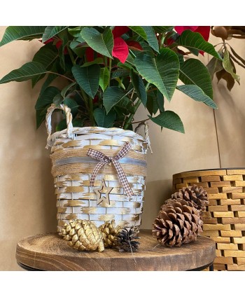 Macetero decorativo en madera y mimbre en forma de cesta con dos