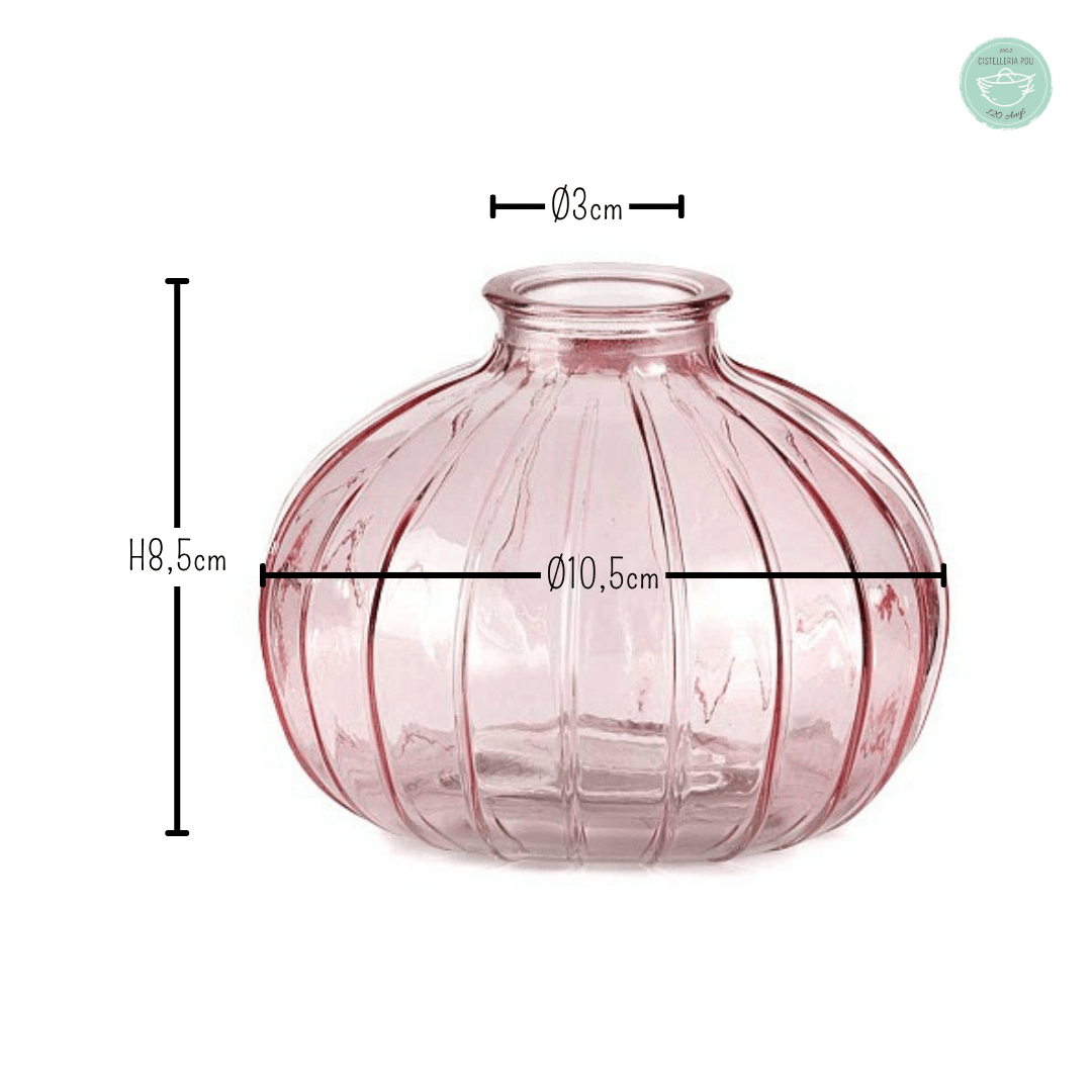 AMPOLLA DE VIDRE RODONA AMB RELLEU ROSA Ø10,5 x H 8,5cm.