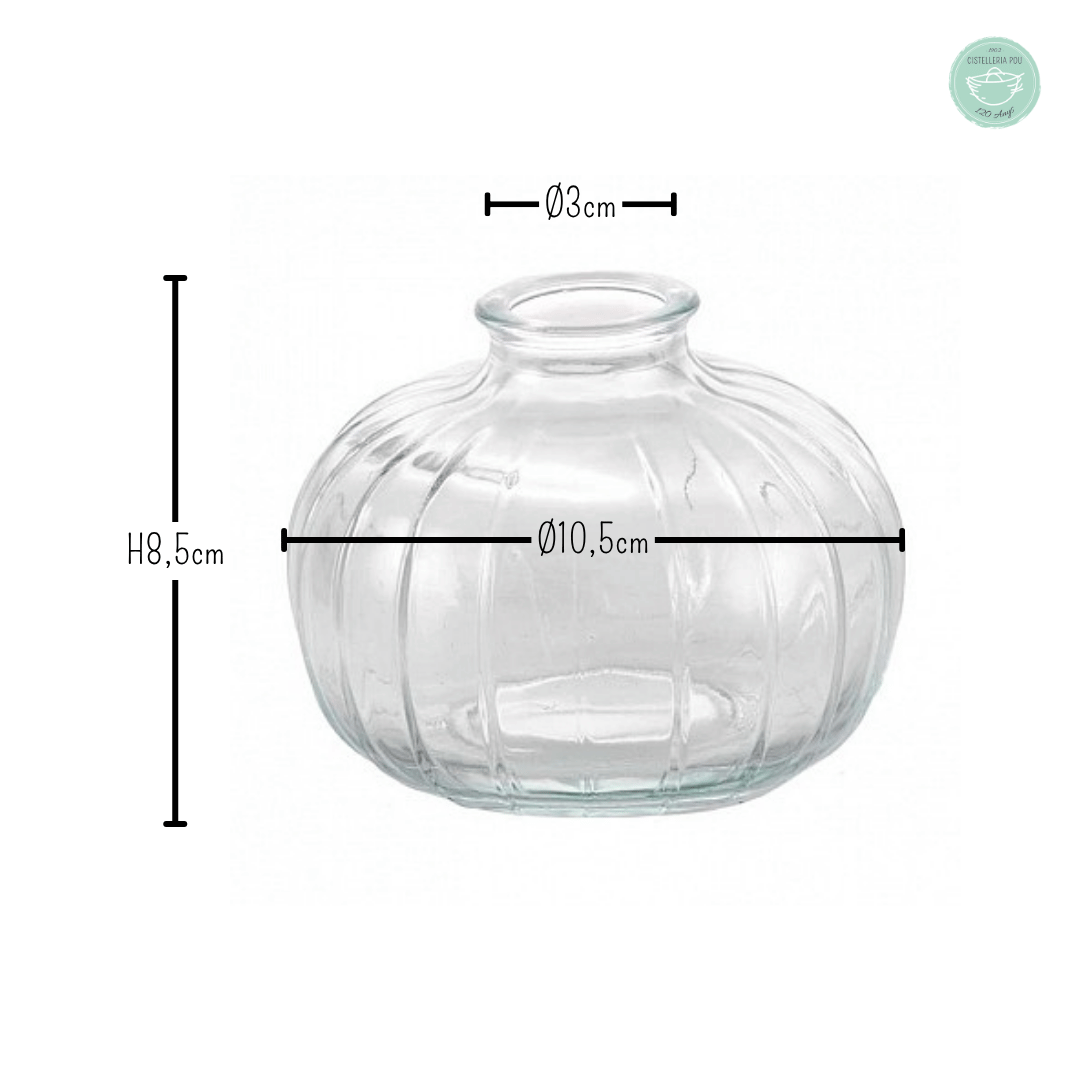 BOTELLA DE CRISTAL REDONDA CON RELIEVE Ø10,5 x H 8,5cm.